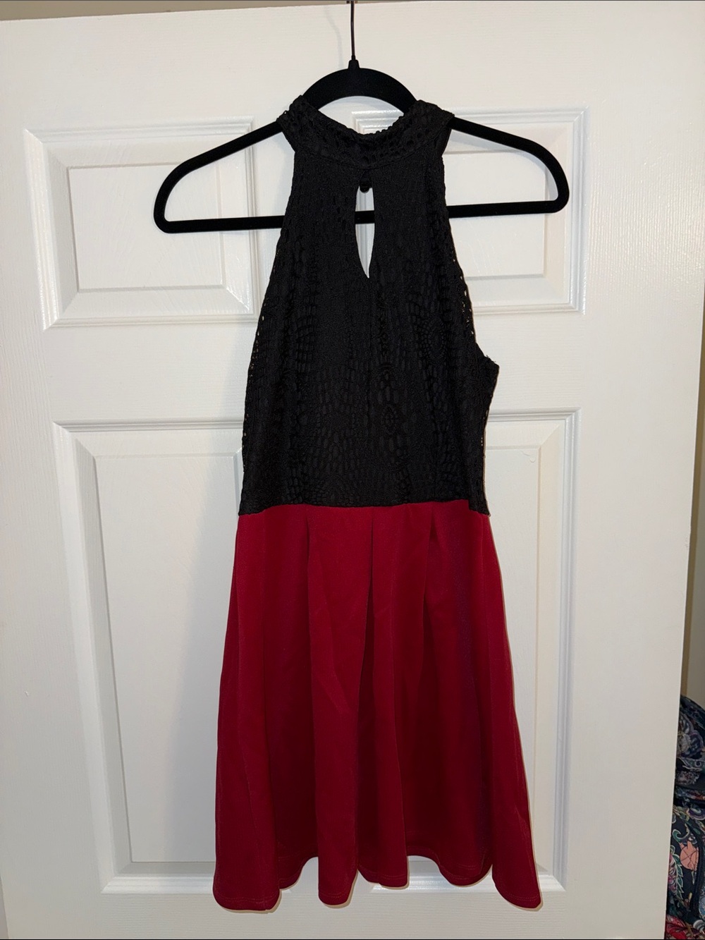 Juniors Black Lace Halter Top with Burgundy Skirt Party Dress